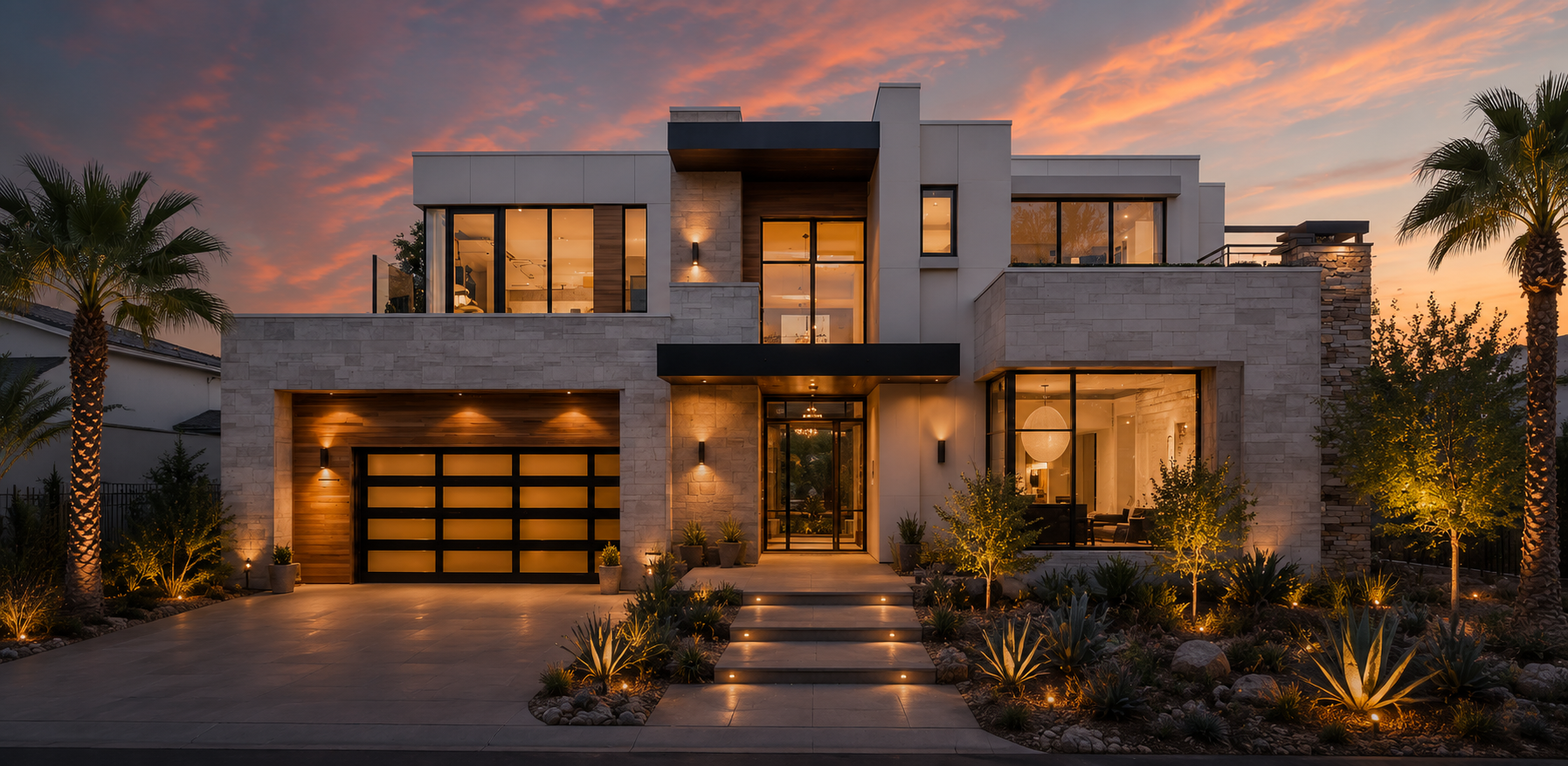 Modern desert home exterior lit at dusk with landscaped entry walkway