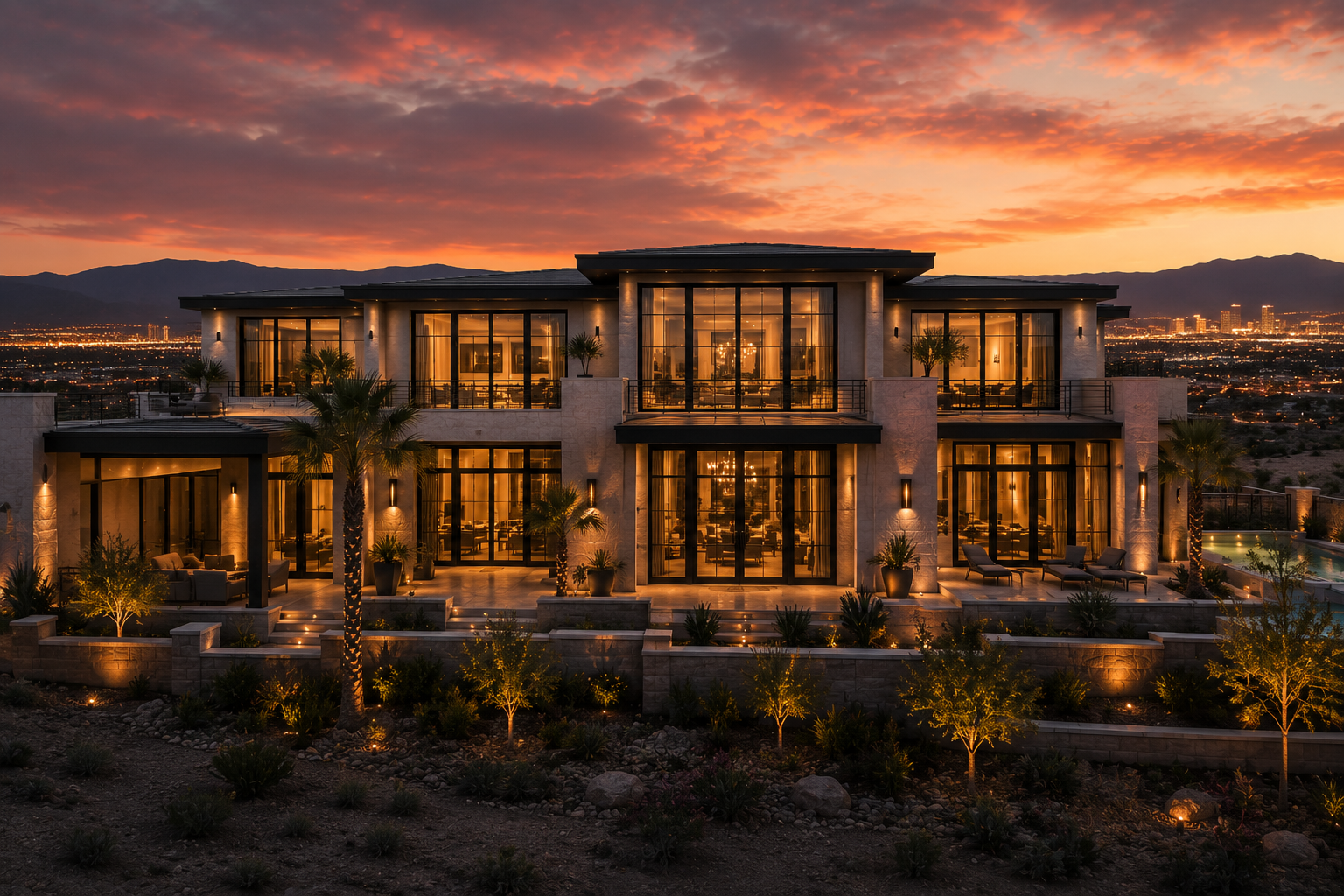 Luxury desert home lit at dusk overlooking the Las Vegas skyline