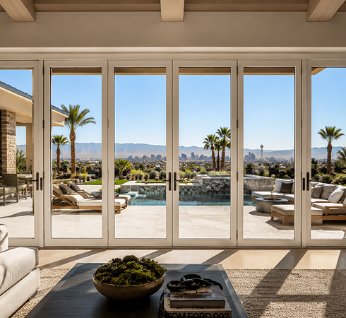 Bright living room opening onto a patio with Las Vegas valley views