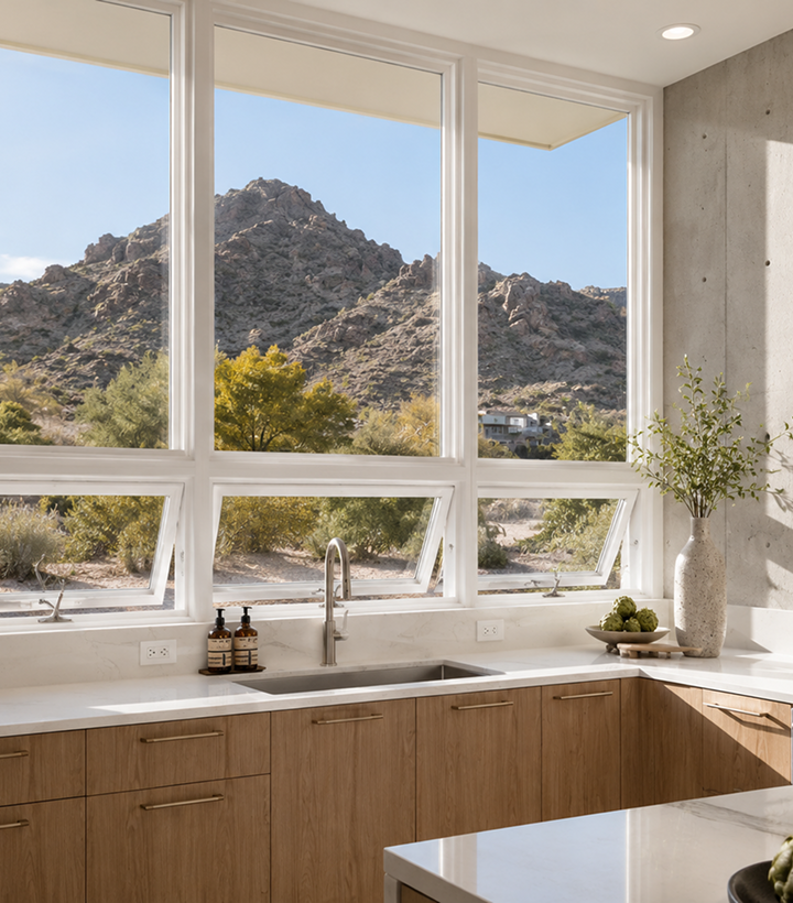 Modern kitchen with replacement windows overlooking desert mountains