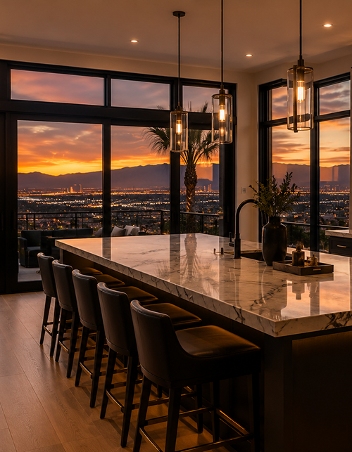 Modern kitchen with island overlooking Las Vegas skyline at sunset