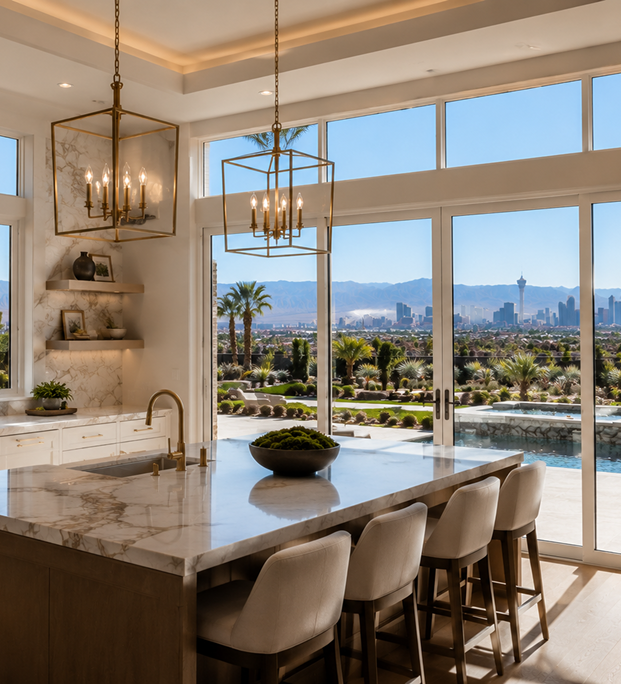 Bright modern kitchen with island overlooking Las Vegas skyline