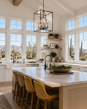 Kitchen with large windows