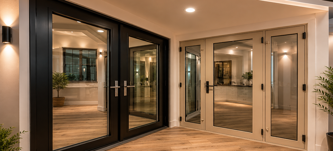 Modern black-framed patio doors opening into a bright showroom hallway