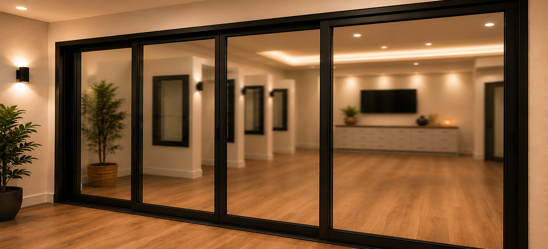 Showroom display of white-framed hinged patio doors