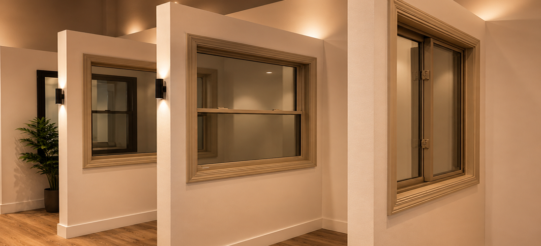 Close-up of window hardware and finish samples in the showroom