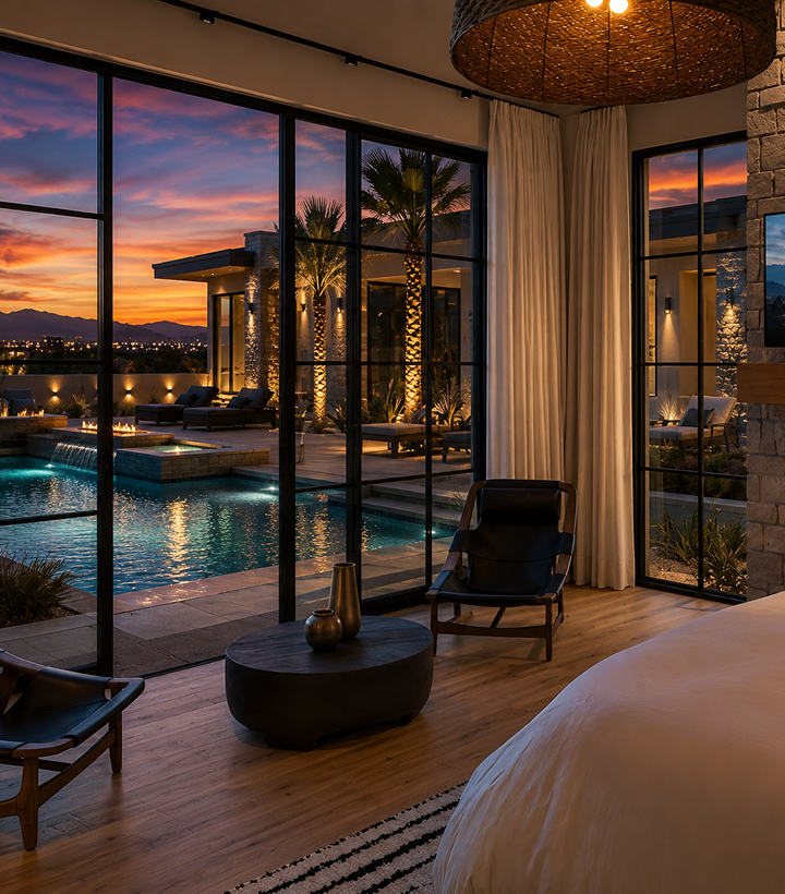 Modern kitchen with replacement windows overlooking desert mountains