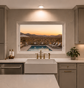 Kitchen window framing a desert sunset and mountain view
