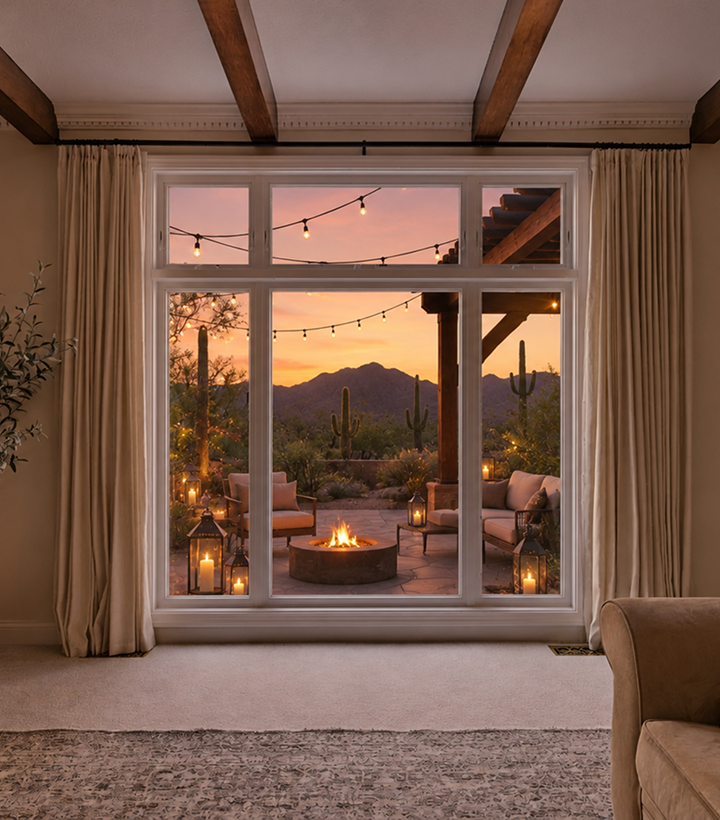 Modern kitchen with replacement windows overlooking desert mountains