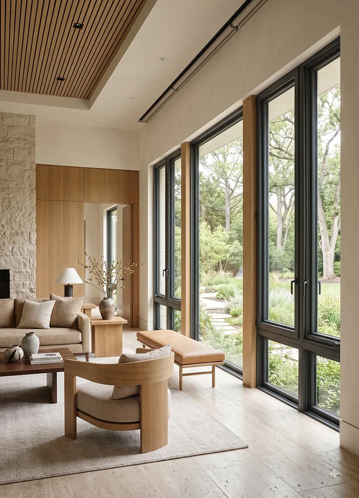 Luxury living room featuring Infinity by Marvin floor-to-ceiling windows with garden view