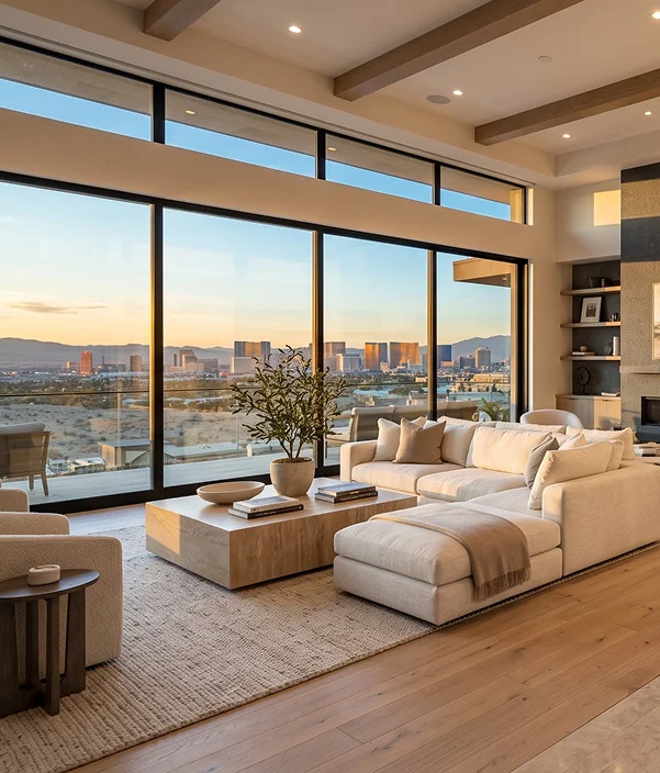 Luxury living room with floor-to-ceiling Infinity by Marvin windows overlooking a city skyline at sunset