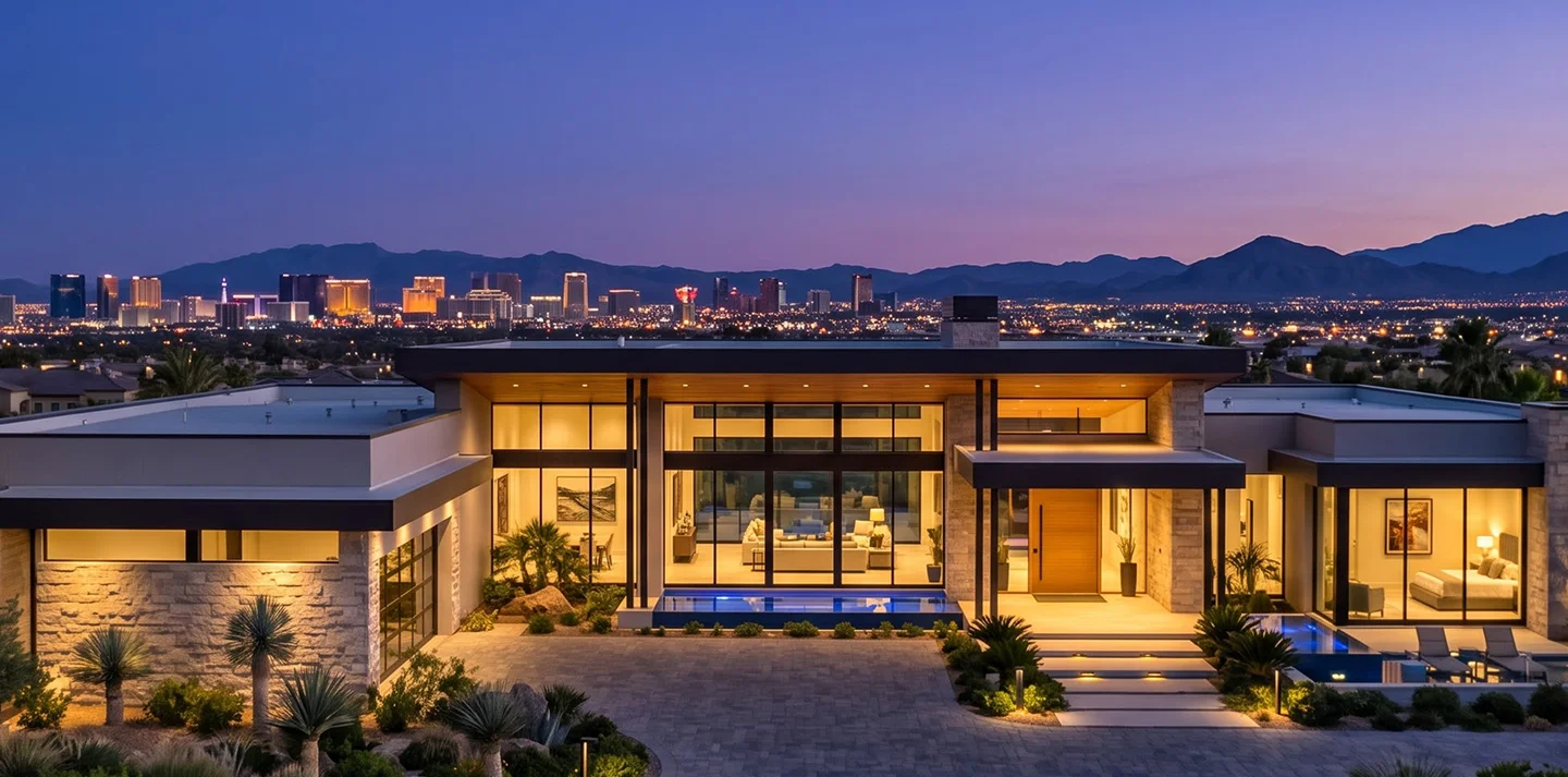 Modern desert home exterior lit at dusk with landscaped entry walkway