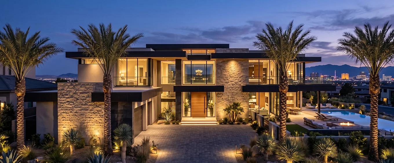 Luxury Las Vegas home at night with Infinity by Marvin windows