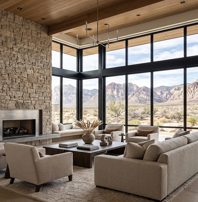 Luxury living room with floor-to-ceiling Infinity by Marvin windows and desert mountain views in Las Vegas