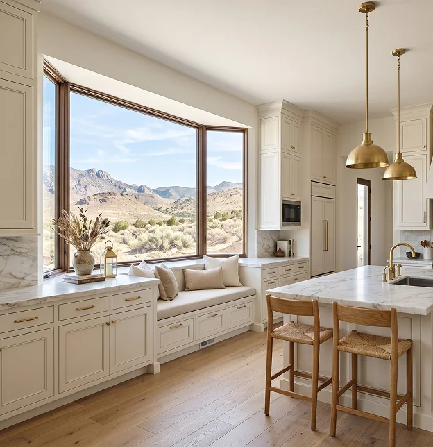 Luxury kitchen featuring Ultrex fiberglass windows with mountain view