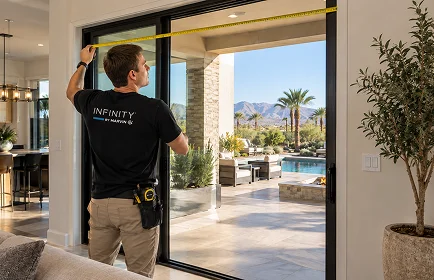 Technician taking measurements of window openings