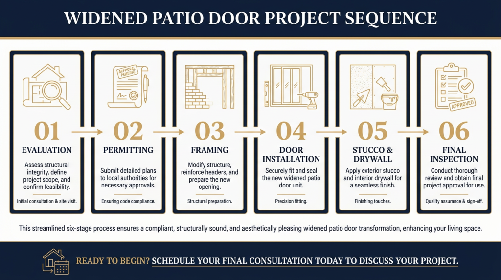 Horizontal infographic showing six labeled steps for a widened patio door project (evaluation, permitting, framing, door installation, stucco & drywall, final inspection) in a navy-and-gold, panel-based layout with minimalist architectural icons and a CTA at the end. The design uses dark header and footer panels, light central step panels, and clear left-to-right flow for easy scanning.