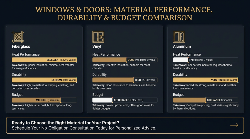 Side-by-side infographic comparing fiberglass, vinyl, and aluminum window frames using direct bar charts and short callouts for heat performance, durability, and budget on a dark navy background, ending with a consultation call-to-action.