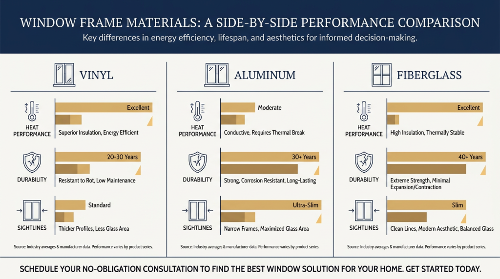 Infographic comparing vinyl, aluminum, and fiberglass window frames across heat performance, durability, and sightlines using three side-by-side panels with a dark headline band and light comparison panels, gold accents, and simple bar charts for quick tradeoff reading.