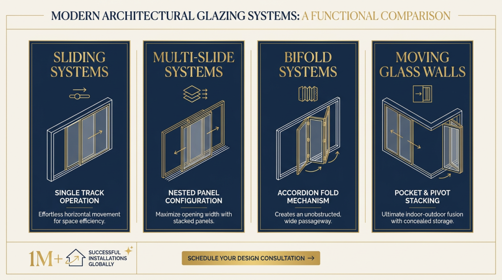 Infographic comparing four patio door configurations in a horizontal row of navy panels with gold accents; each panel shows a simple line diagram and short label for sliding, multi-slide, bifold, and moving glass wall systems with a brief one-line takeaway and a consultation CTA at the bottom.