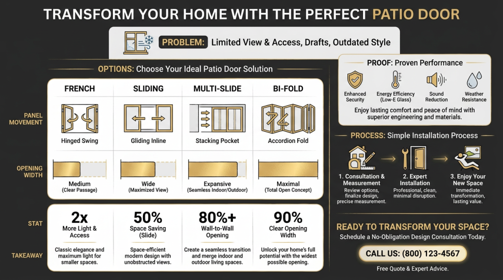 Infographic comparing four patio door types (French, sliding, multi-slide, bi-fold) with simple panel-movement icons, opening-width bar comparisons, short takeaways, and a closing consultation call-to-action on a dark navy background with gold accents.