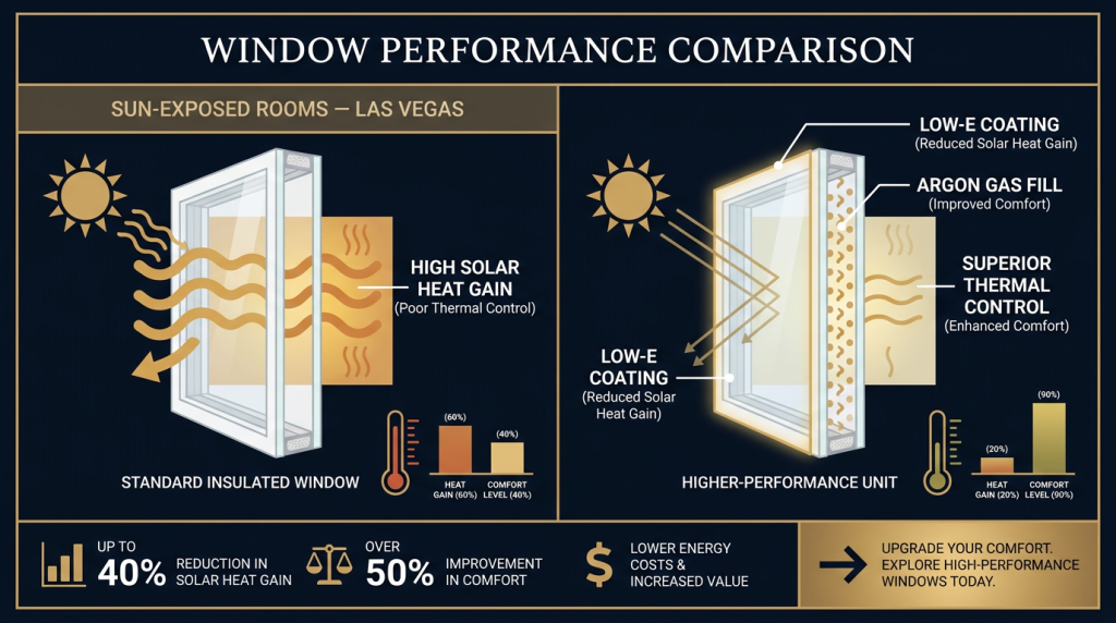 Infographic comparing a standard insulated window and a high-performance Low-E coated, argon-filled window with callouts showing reduced solar heat gain and improved comfort for sun-exposed rooms in a Las Vegas home. Includes a short stat block and a final call-to-action.