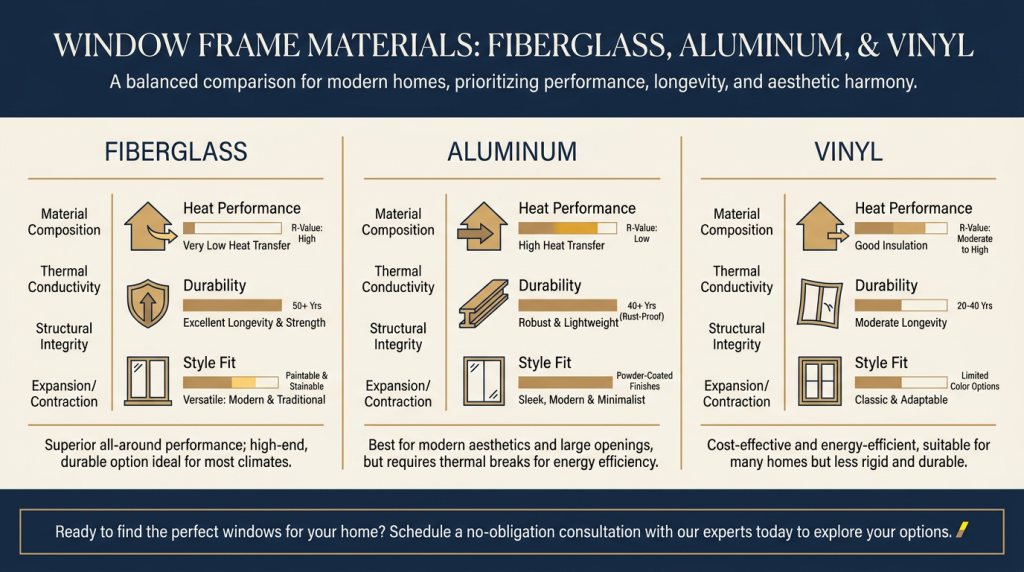 Infographic comparing fiberglass, aluminum, and vinyl window materials for a Southern Nevada home with icons for heat performance, durability, and style fit, plus a closing consultation call to action.